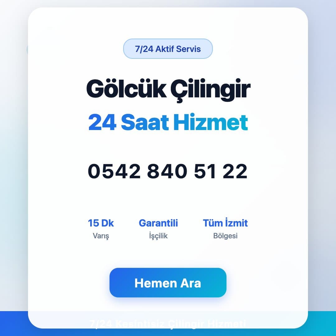 Gölcük bölgesinde profesyonel çilingir hizmeti. 7/24 acil kapı açma, kilit değişimi ve oto çilingir servisi. Telefon: 0542 840 51 22