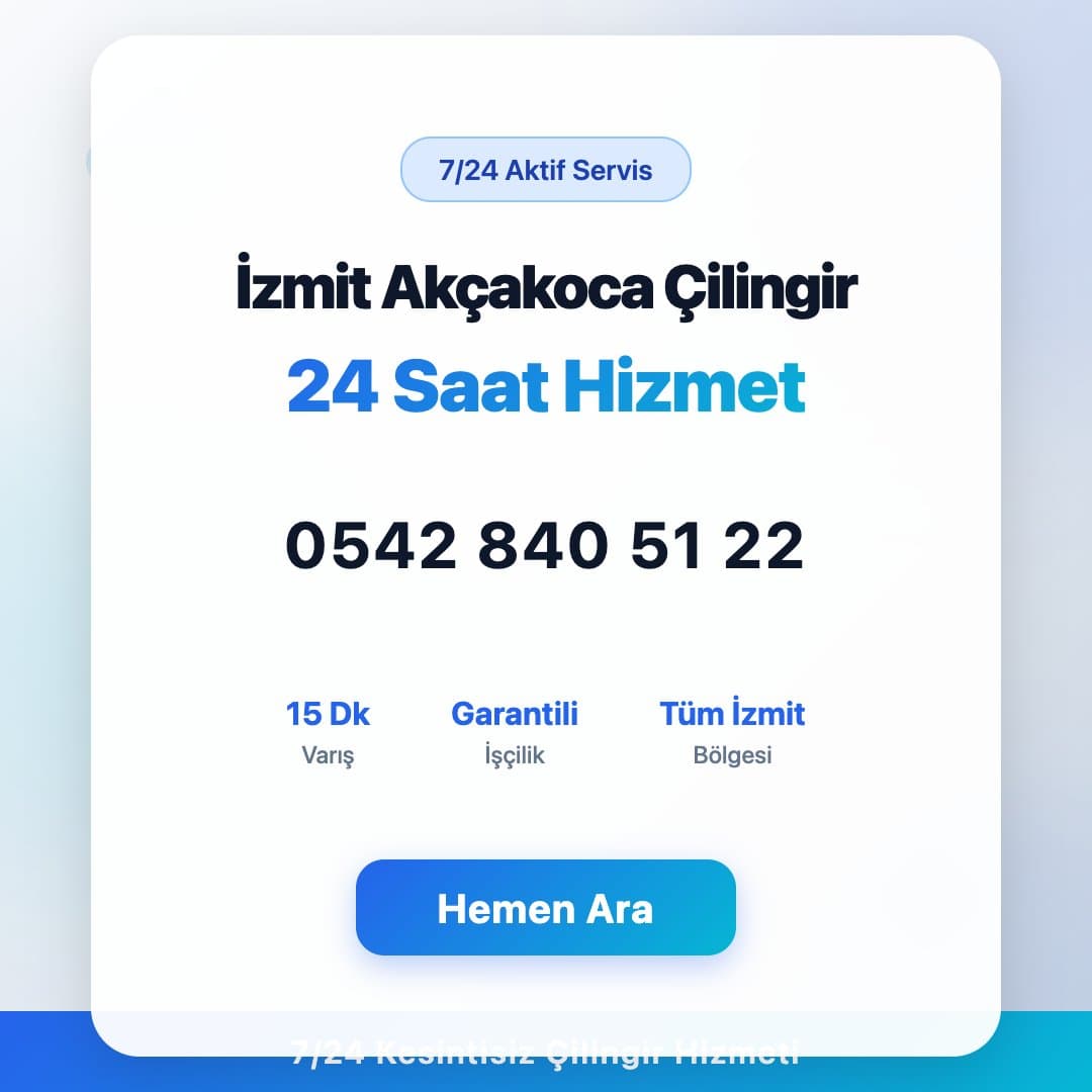 İzmit Akçakoca bölgesinde profesyonel çilingir hizmeti. 7/24 acil kapı açma, kilit değişimi ve oto çilingir servisi. Telefon: 0542 840 51 22