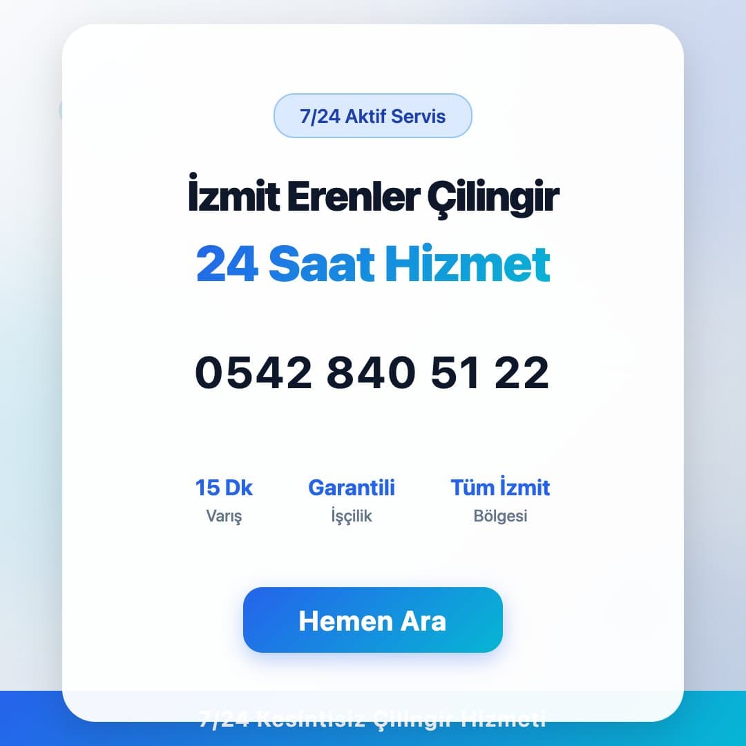 İzmit Erenler bölgesinde profesyonel çilingir hizmeti. 7/24 acil kapı açma, kilit değişimi ve oto çilingir servisi. Telefon: 0542 840 51 22