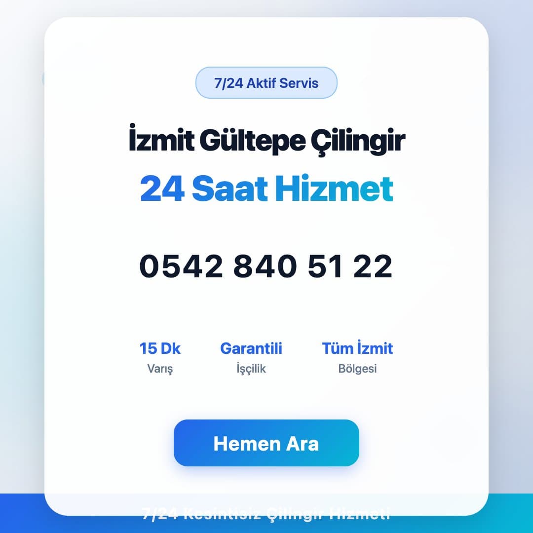 İzmit Gültepe bölgesinde profesyonel çilingir hizmeti. 7/24 acil kapı açma, kilit değişimi ve oto çilingir servisi. Telefon: 0542 840 51 22