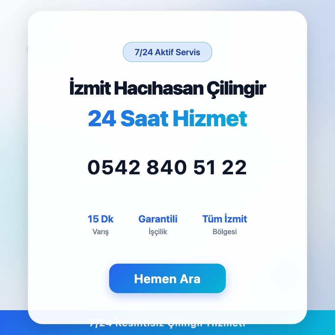 İzmit Hacıhasan bölgesinde profesyonel çilingir hizmeti. 7/24 acil kapı açma, kilit değişimi ve oto çilingir servisi. Telefon: 0542 840 51 22