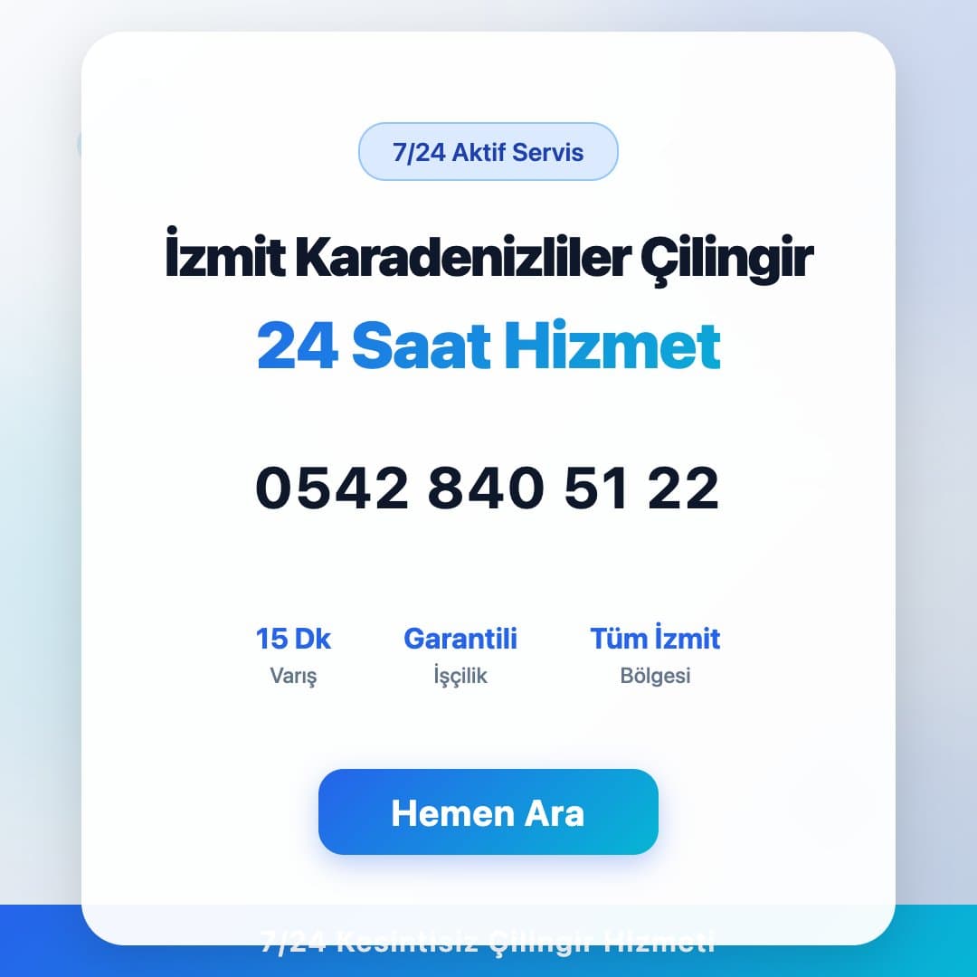 İzmit Karadenizliler bölgesinde profesyonel çilingir hizmeti. 7/24 acil kapı açma, kilit değişimi ve oto çilingir servisi. Telefon: 0542 840 51 22