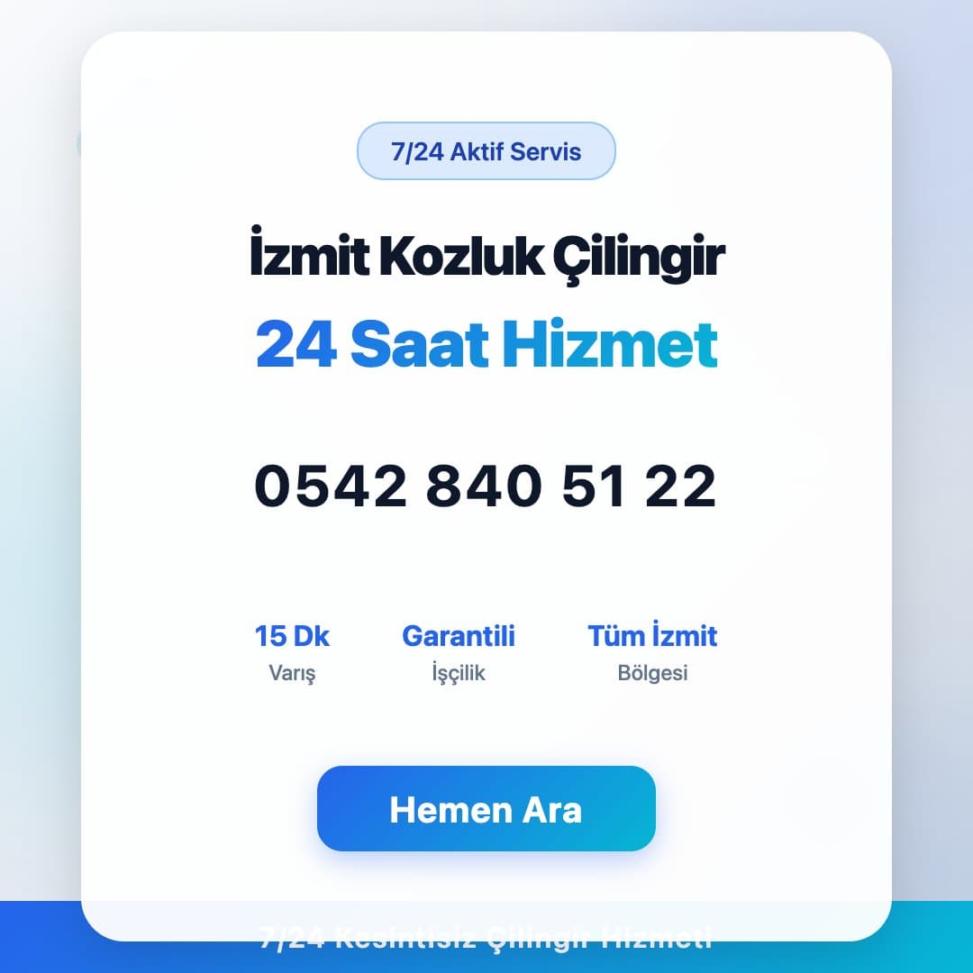 İzmit Kozluk bölgesinde profesyonel çilingir hizmeti. 7/24 acil kapı açma, kilit değişimi ve oto çilingir servisi. Telefon: 0542 840 51 22