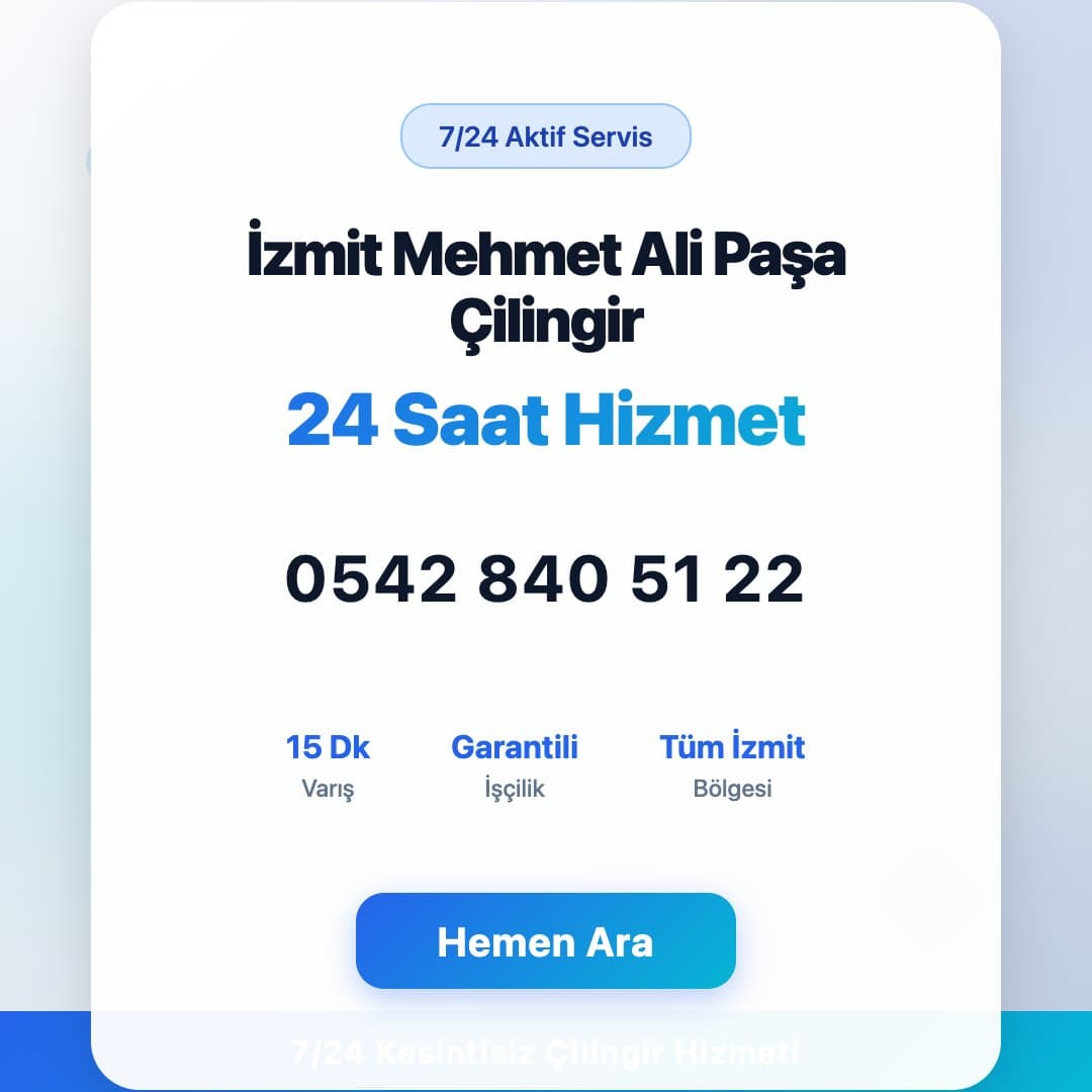 İzmit Mehmet Ali Paşa bölgesinde profesyonel çilingir hizmeti. 7/24 acil kapı açma, kilit değişimi ve oto çilingir servisi. Telefon: 0542 840 51 22