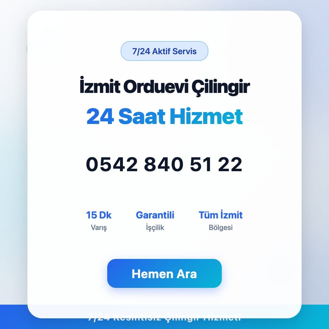 İzmit Orduevi bölgesinde profesyonel çilingir hizmeti. 7/24 acil kapı açma, kilit değişimi ve oto çilingir servisi. Telefon: 0542 840 51 22