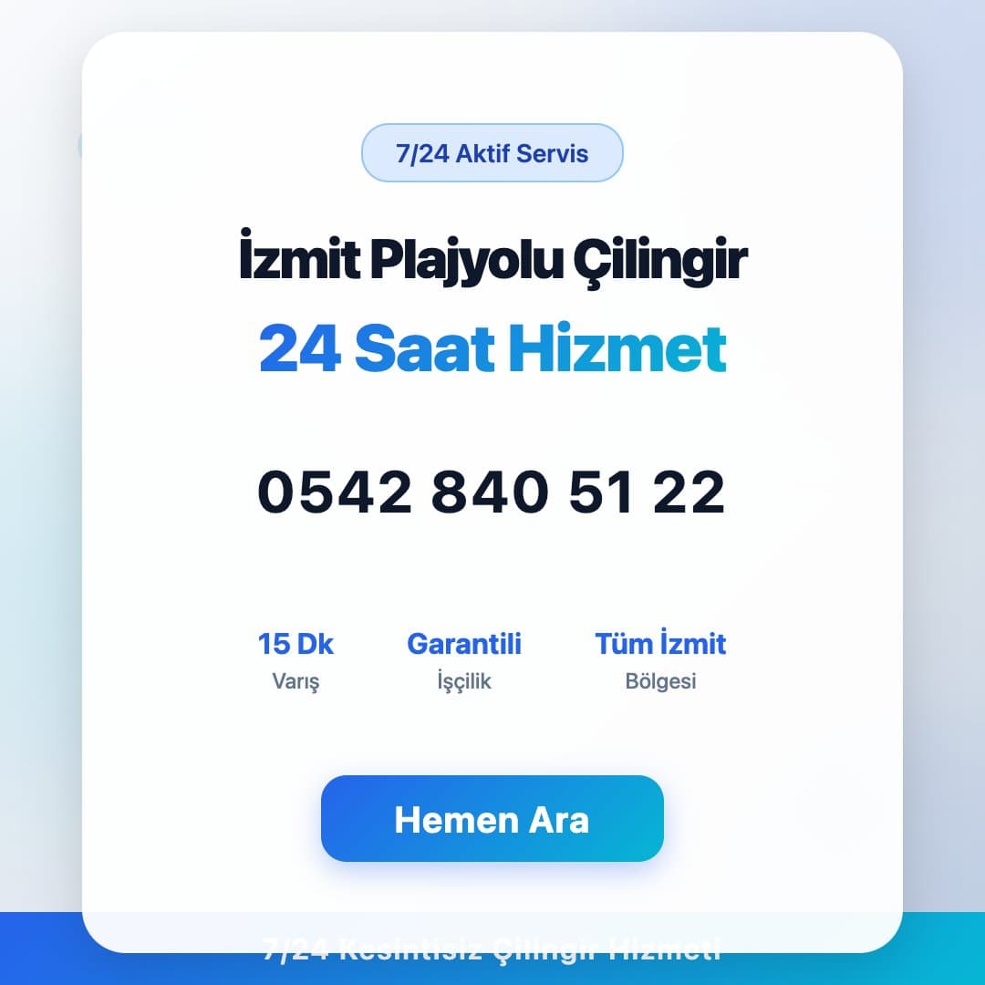 İzmit Plajyolu bölgesinde profesyonel çilingir hizmeti. 7/24 acil kapı açma, kilit değişimi ve oto çilingir servisi. Telefon: 0542 840 51 22