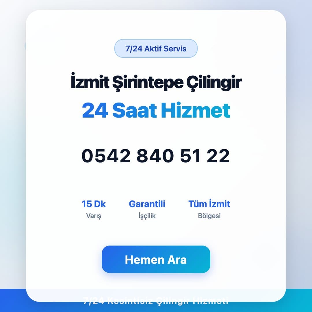 İzmit Şirintepe bölgesinde profesyonel çilingir hizmeti. 7/24 acil kapı açma, kilit değişimi ve oto çilingir servisi. Telefon: 0542 840 51 22
