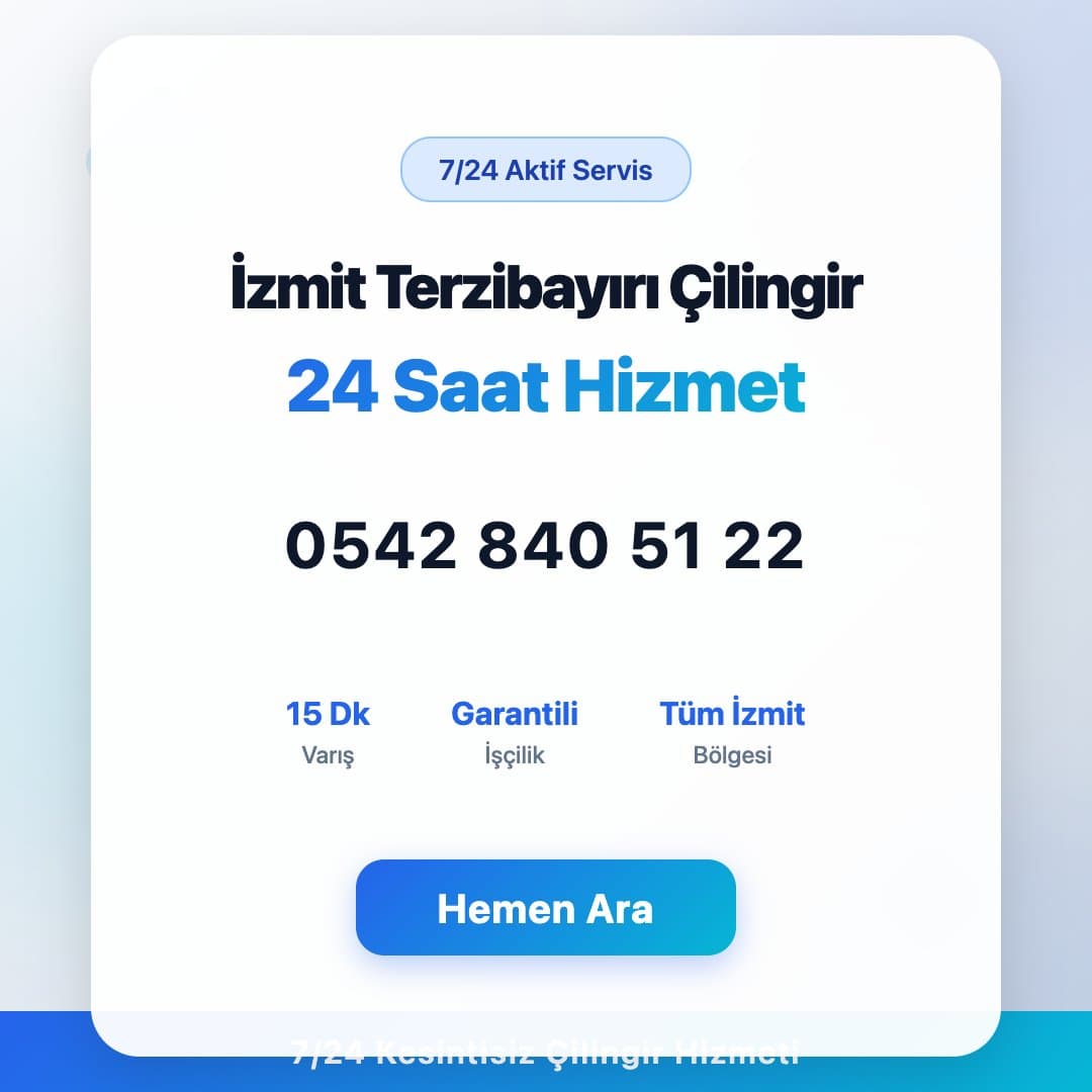 İzmit Terzibayırı bölgesinde profesyonel çilingir hizmeti. 7/24 acil kapı açma, kilit değişimi ve oto çilingir servisi. Telefon: 0542 840 51 22