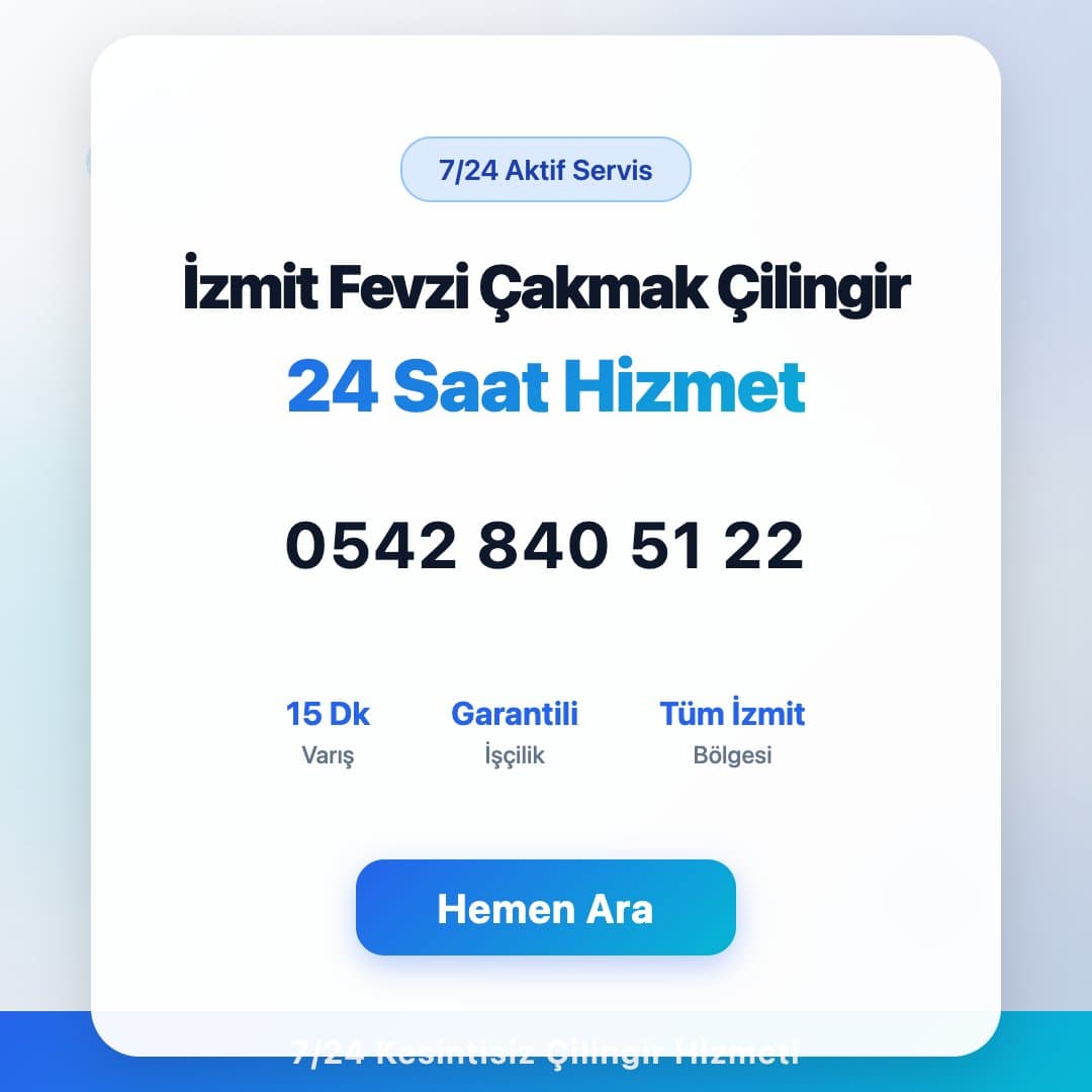 İzmit Fevzi Çakmak bölgesinde profesyonel çilingir hizmeti. 7/24 acil kapı açma, kilit değişimi ve oto çilingir servisi. Telefon: 0542 840 51 22